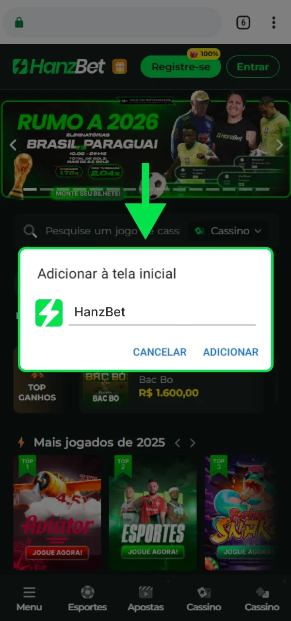 Adicione o atalho do HanzBet ao seu dispositivo Android.