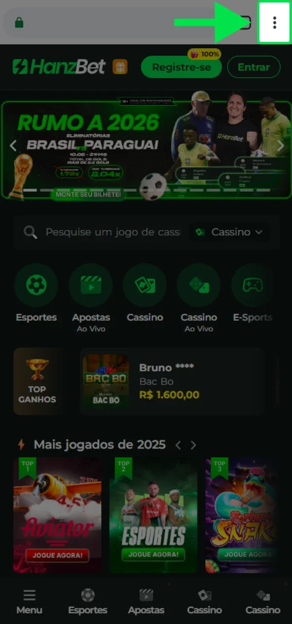Abra o menu do navegador para adicionar a versão móvel do site oficial da HanzBet.