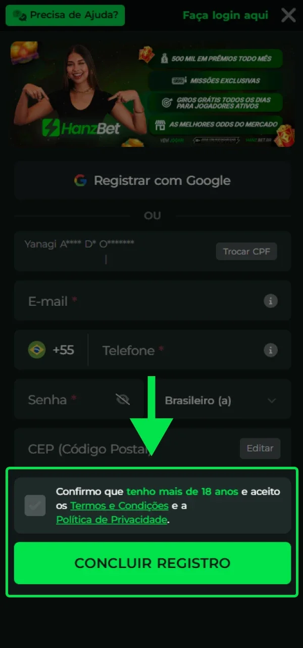 Aceite os termos e condições e conclua o registo na HanzBet.