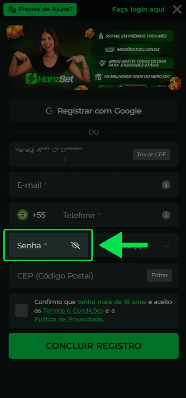 Crie uma palavra-passe forte para a sua conta HanzBet.