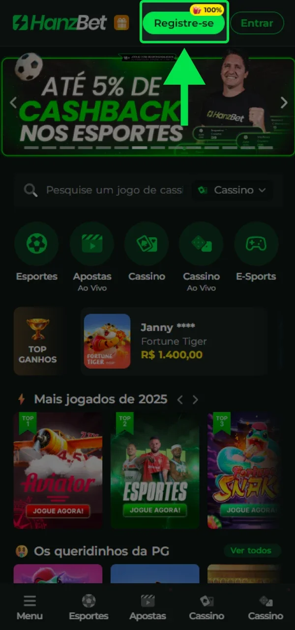 Abra o formulário de registo da HanzBet para começar a criar a sua conta.