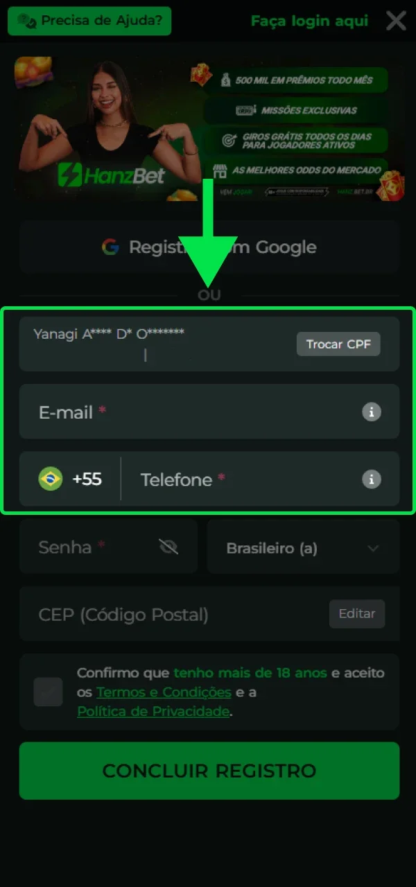 Adicione as suas informações no formulário de registo da HanzBet.