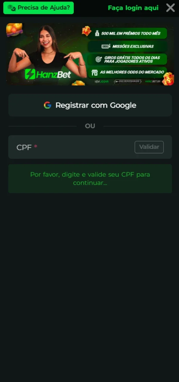 Escolha um método de registo no site da HanzBet.