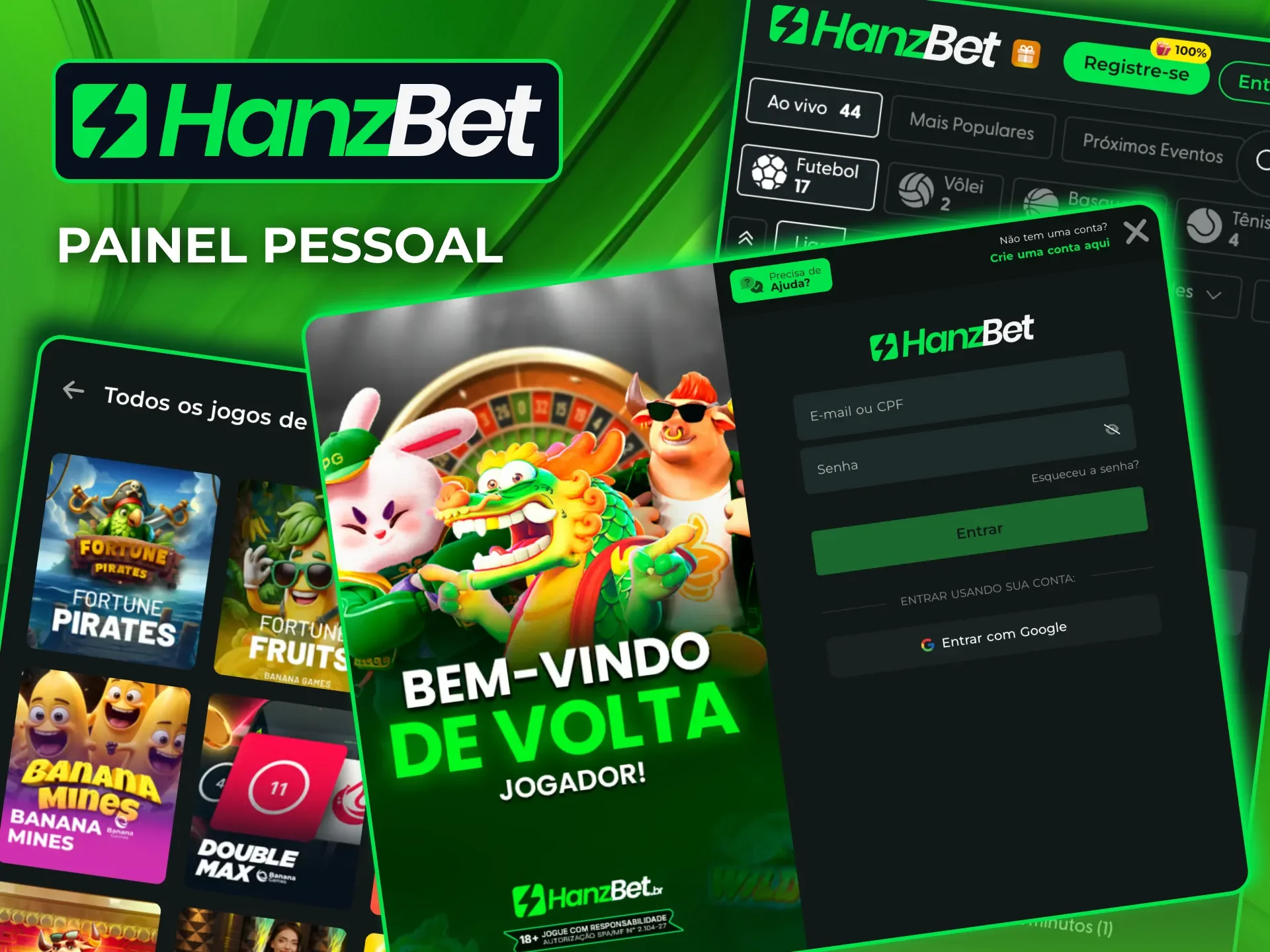 Faça login na HanzBet com e-mail, CPF ou Google em segundos.
