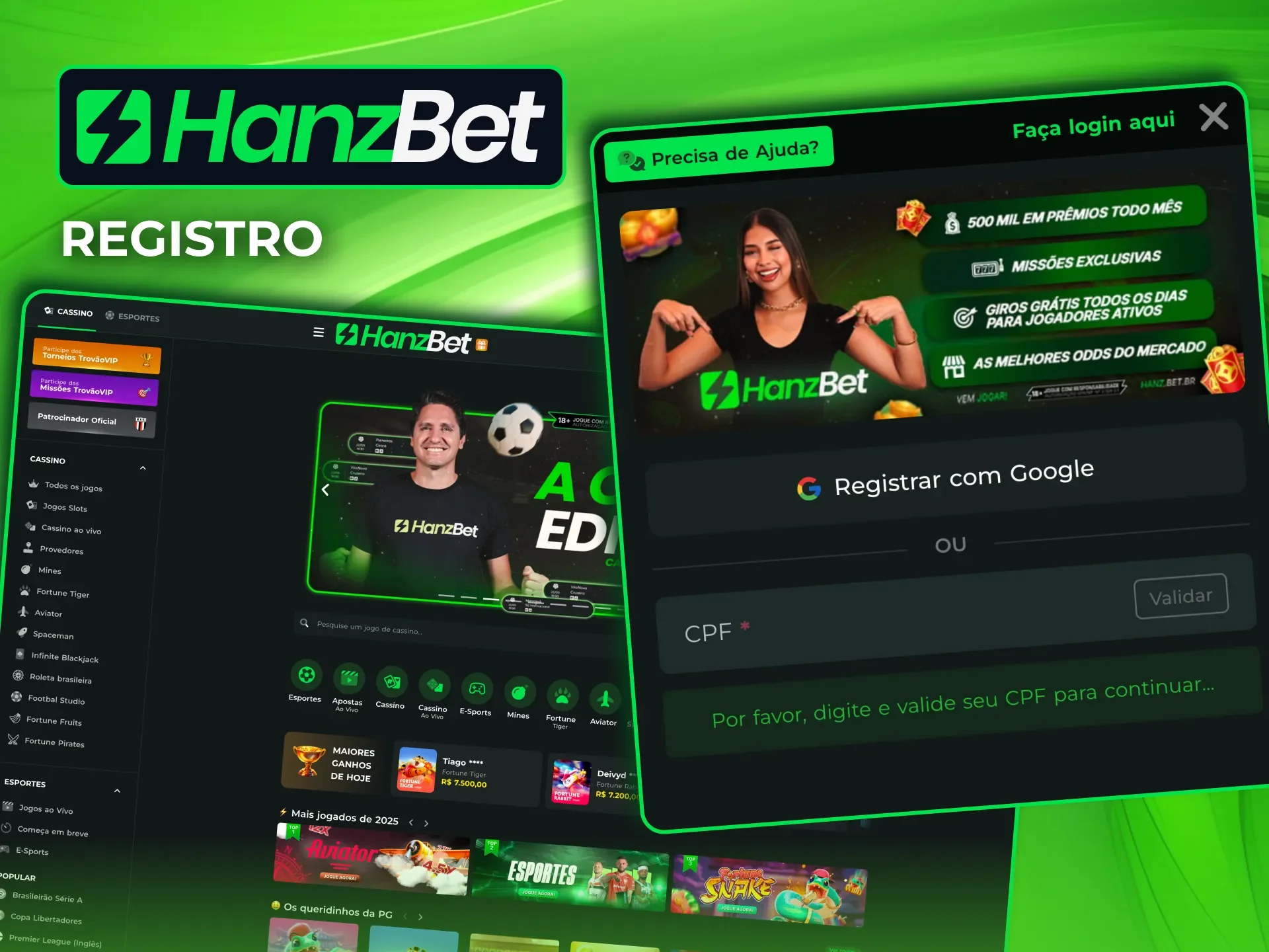 Registro rápido na HanzBet com dados pessoais e senha segura.