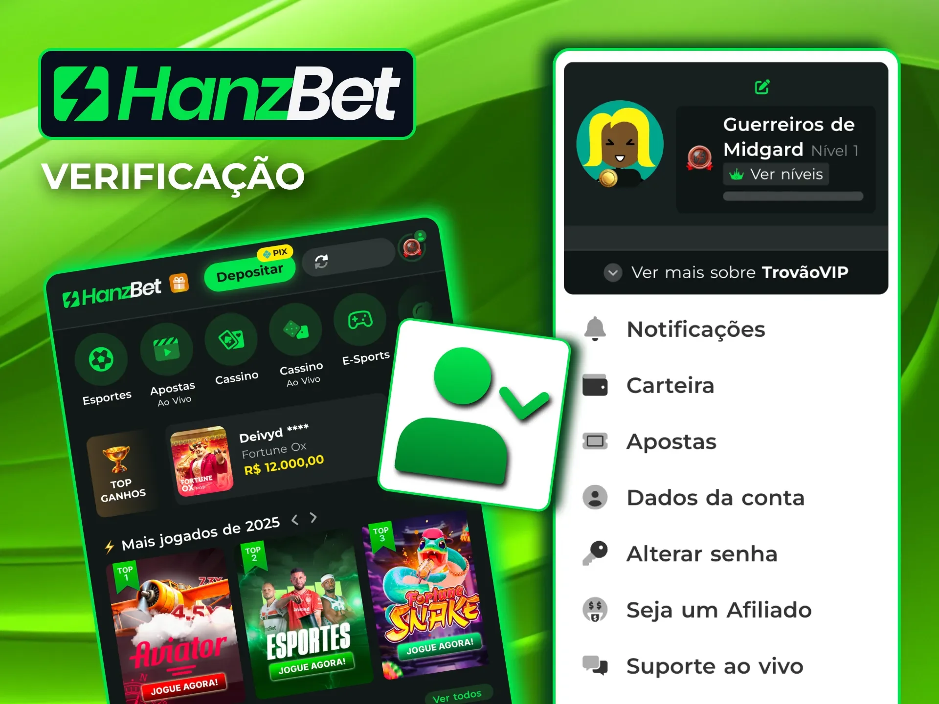 A verificação da conta HanzBet libera depósitos e saques com segurança.